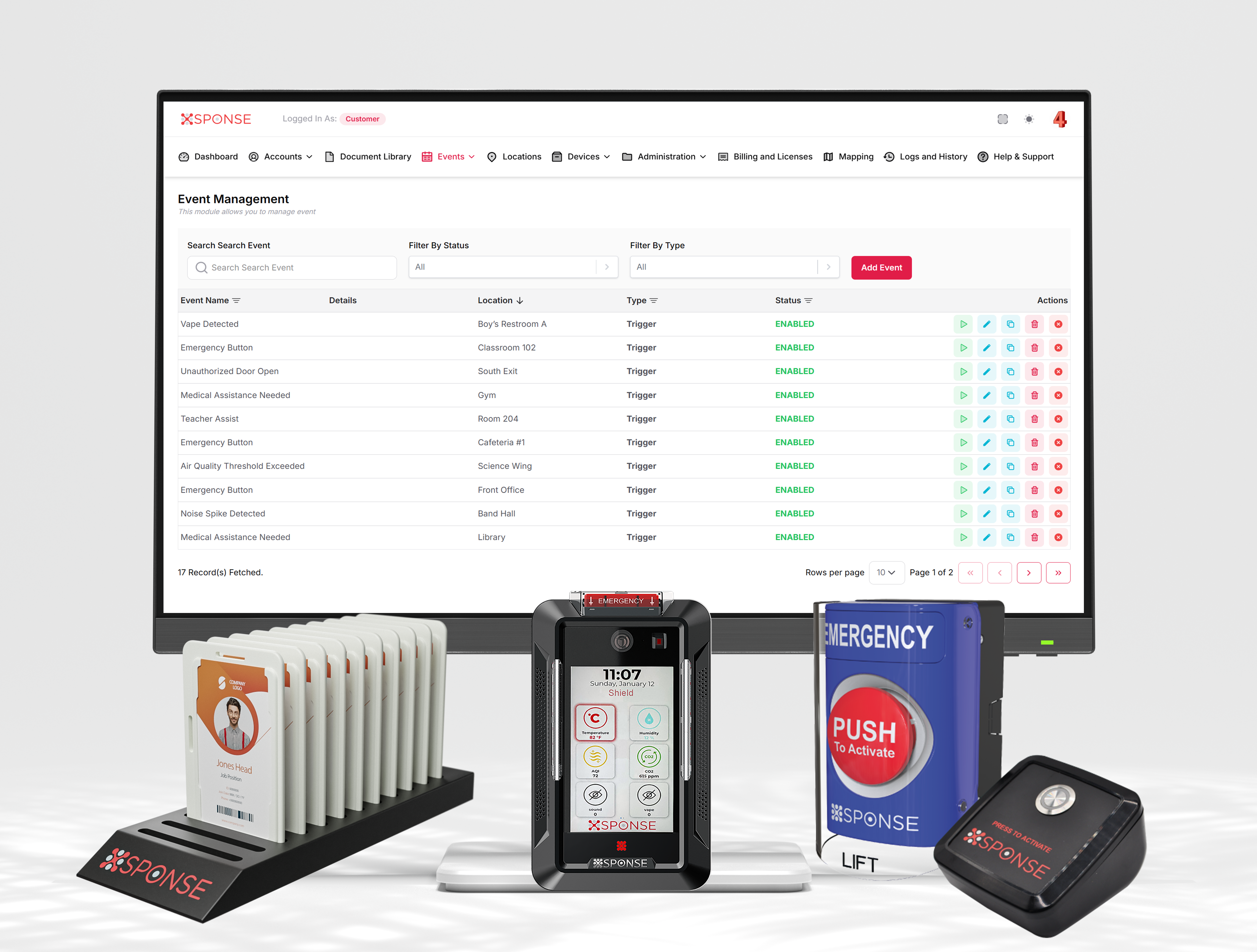 Complete alert system showing desktop monitor with integrated devices and campus-wide notification capabilities